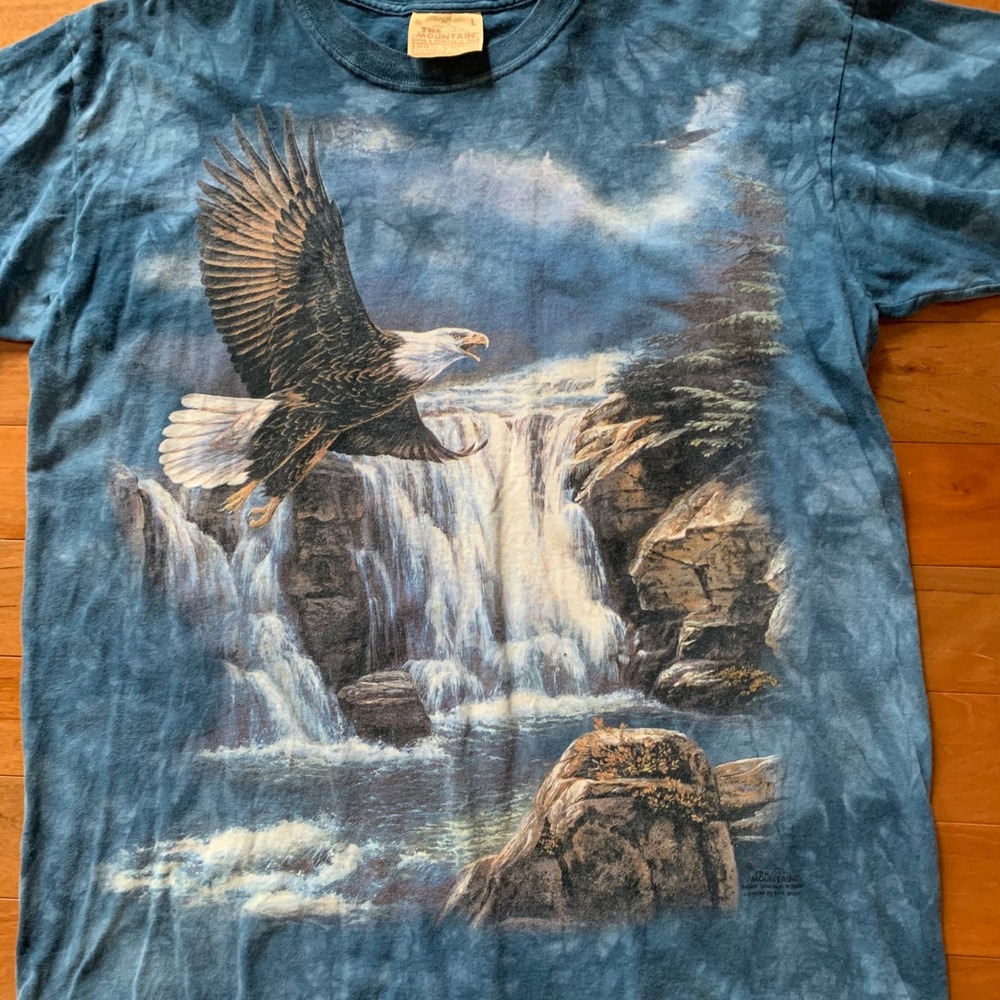 Vintage The Mountain Eagle Waterfall T Shirt Mens L Blue Tie Dye Made USA 90s
